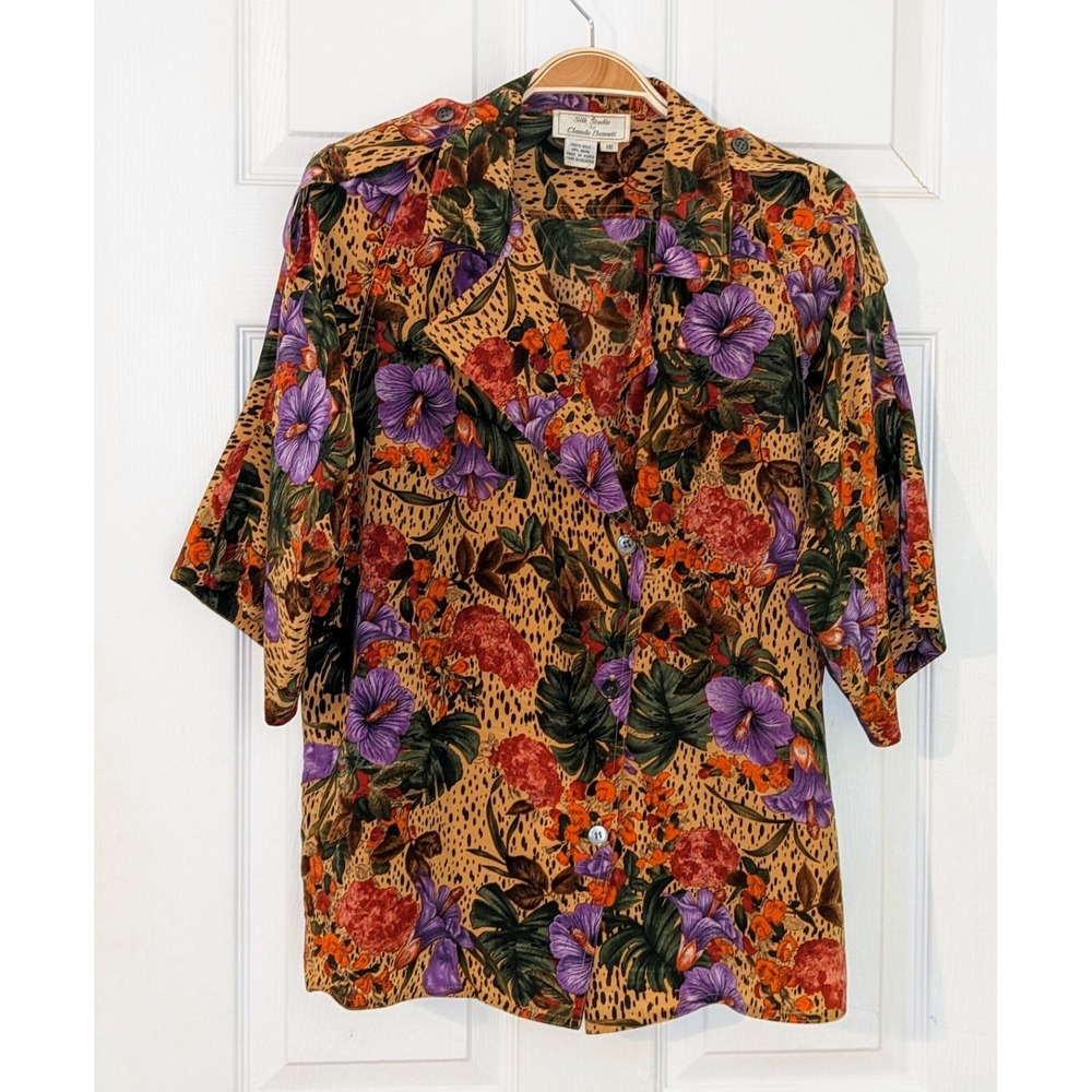 Silk Studio by Claude Bennett Floral Print Silk Button Down Blouse Top‎ Size 10